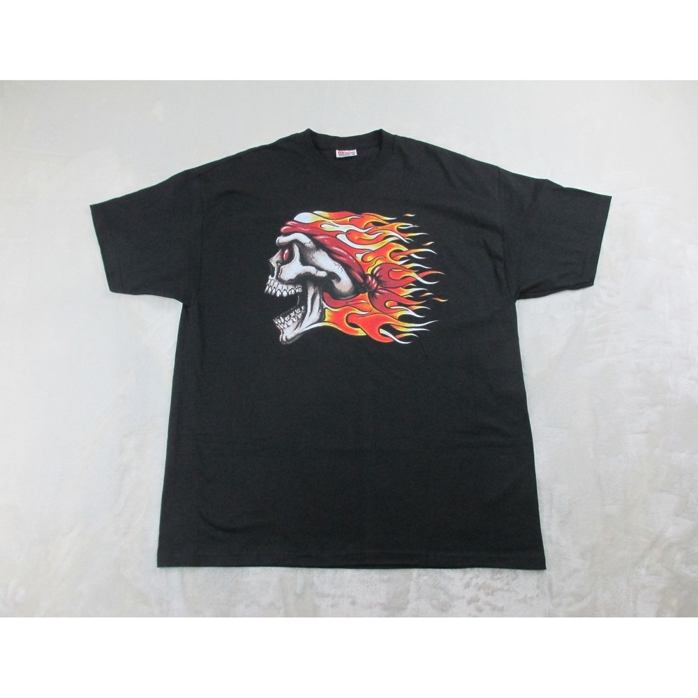 VINTAGE Lone Rider Shirt Mens Extra Large Black Flames Skull Motorcycle 90s*